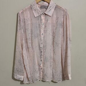 Chico's Light Pink Sheer Metallic Animal Print Button Down Blouse size XL Party